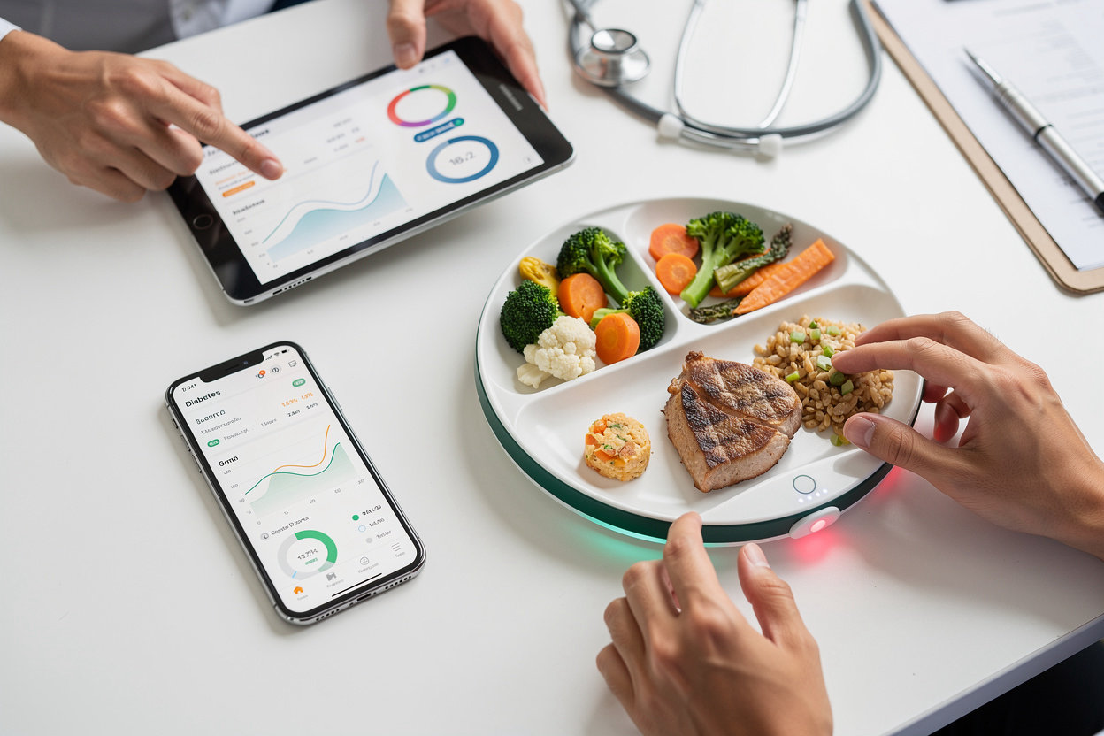 BiteQ smart plate helping a patient track carbohydrates and share nutrition data with their doctor for effective diabetes management