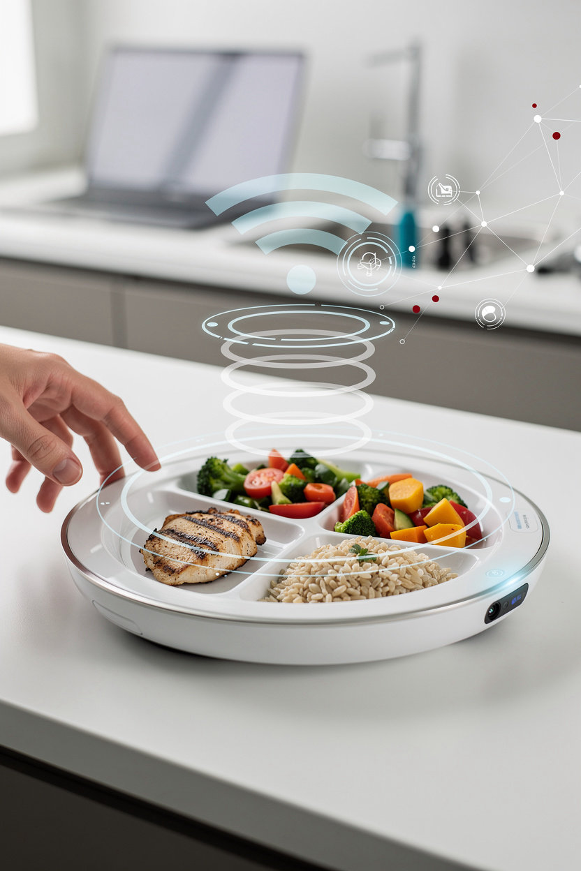 BiteQ smart plate technology - three independent weight sensors, built-in camera, and AI analysis for nutrition tracking and diabetes management